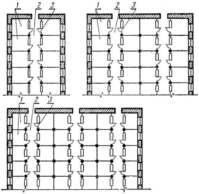 Рис. 43. Схема внутренней планировки свинарника-маточника: 1 - станок обычного типа; 2 - кормо-навозный проход; 3 - дверки